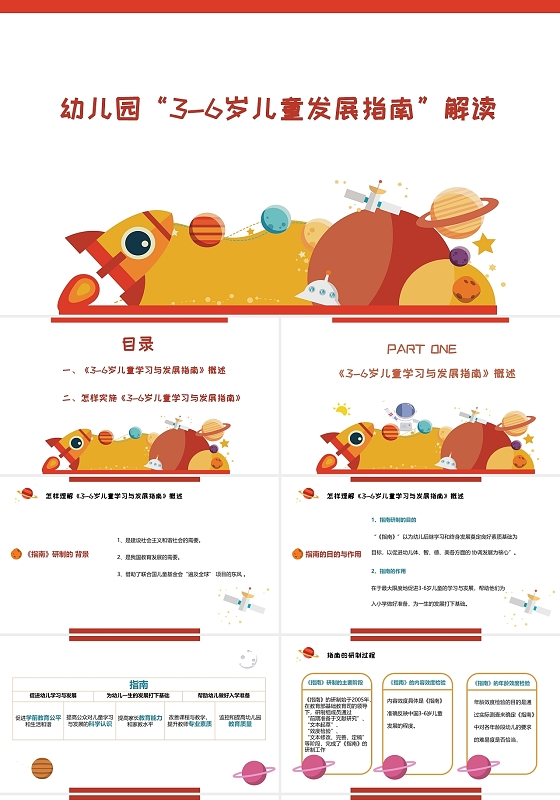 橙色火箭星球卡通幼儿园儿童发展指南PPT模板幼儿园3幼儿园“3