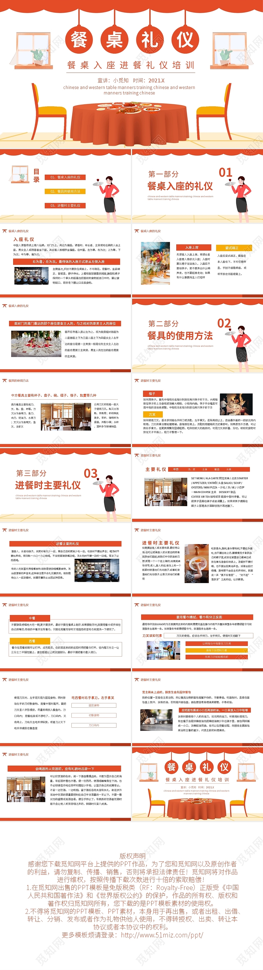 橙色简约餐桌入座进餐礼仪培训动态PPT模板中西方餐桌入座进餐礼仪培训