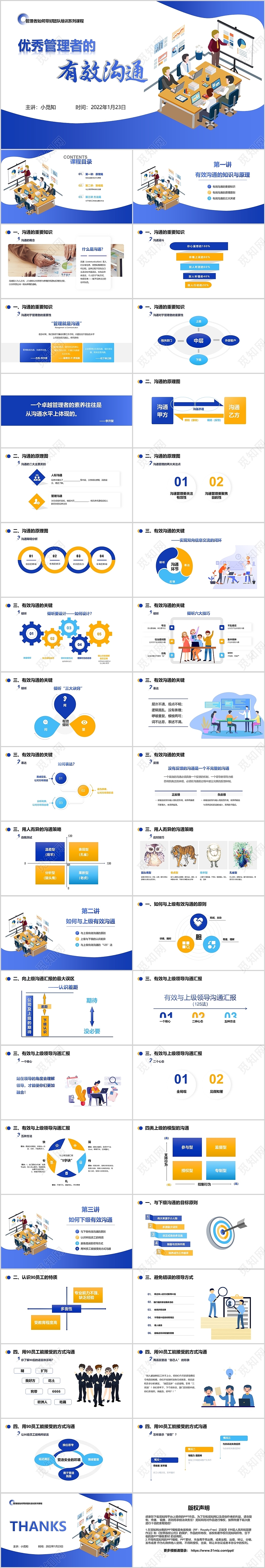 蓝色简约插画商务优秀管理者的高效沟通企业管理培训PPT模板