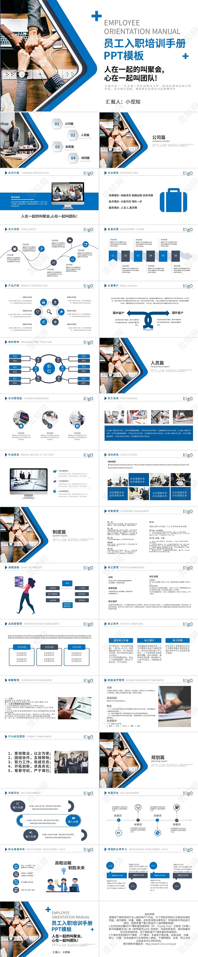 蓝色简约员工入职培训手册PPT模板宣传PPT动态PPT员工手册