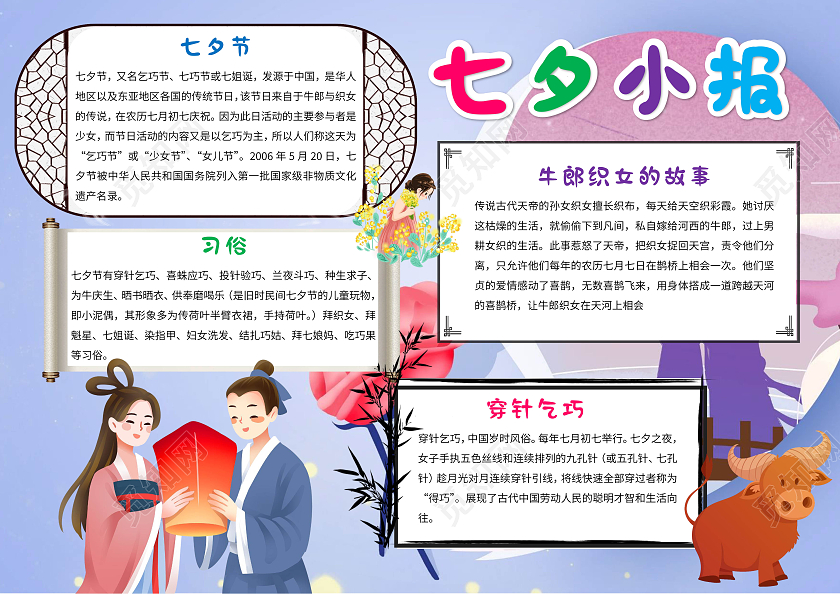蓝色卡通七夕小报节日手抄报卡通小报手抄报七夕节