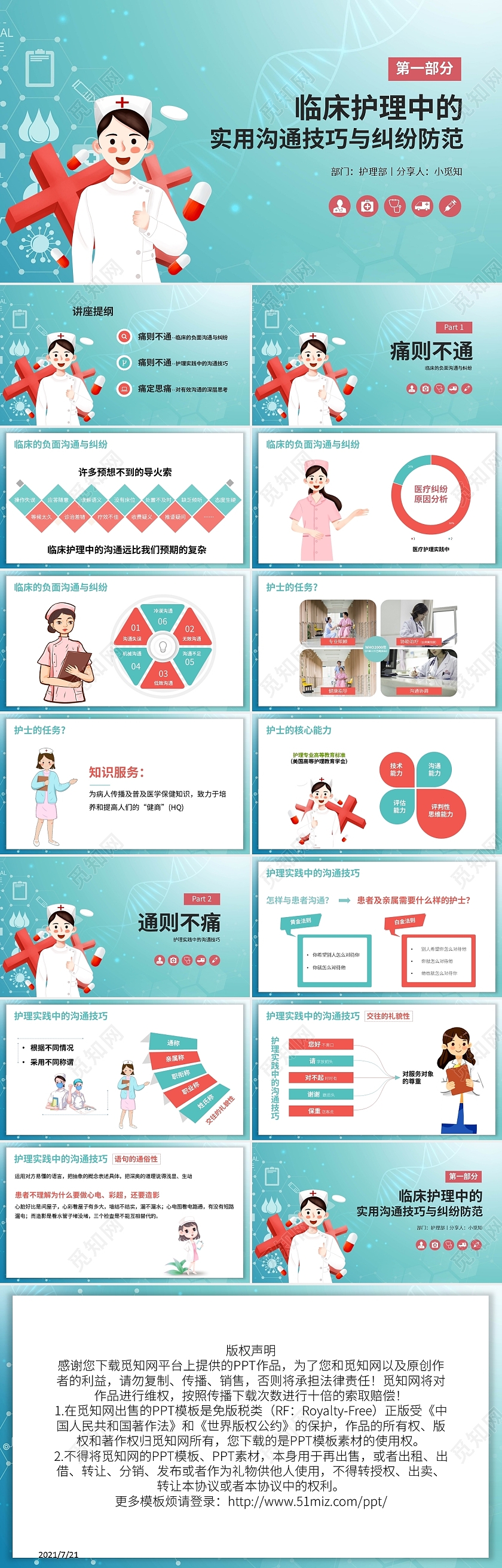 绿色医疗风临床护理中的实用沟通技巧与纠纷防范PPT模板宣传PPT动态护患沟通技巧