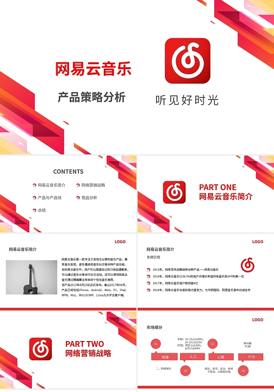 红色简约网易云音乐产品策略分析PPT模板