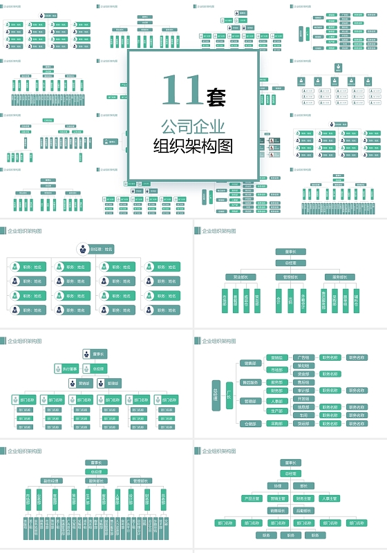 绿色简约风11套公司企业组织结构架构图PPT模板组织架构图表