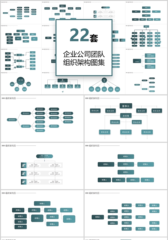22套企业公司团队组织架构图表PPT模板