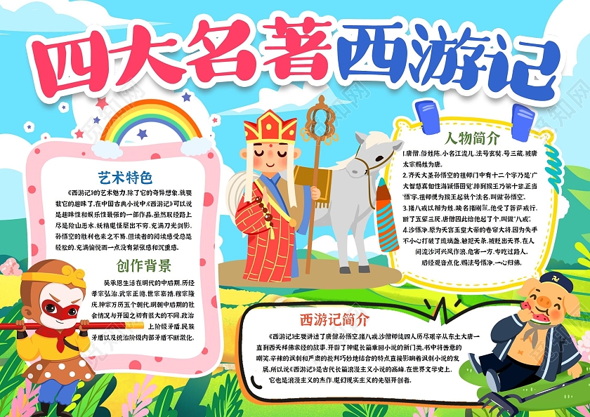 蓝色卡通四大名著西游记读书小报手抄报卡通小报手抄报