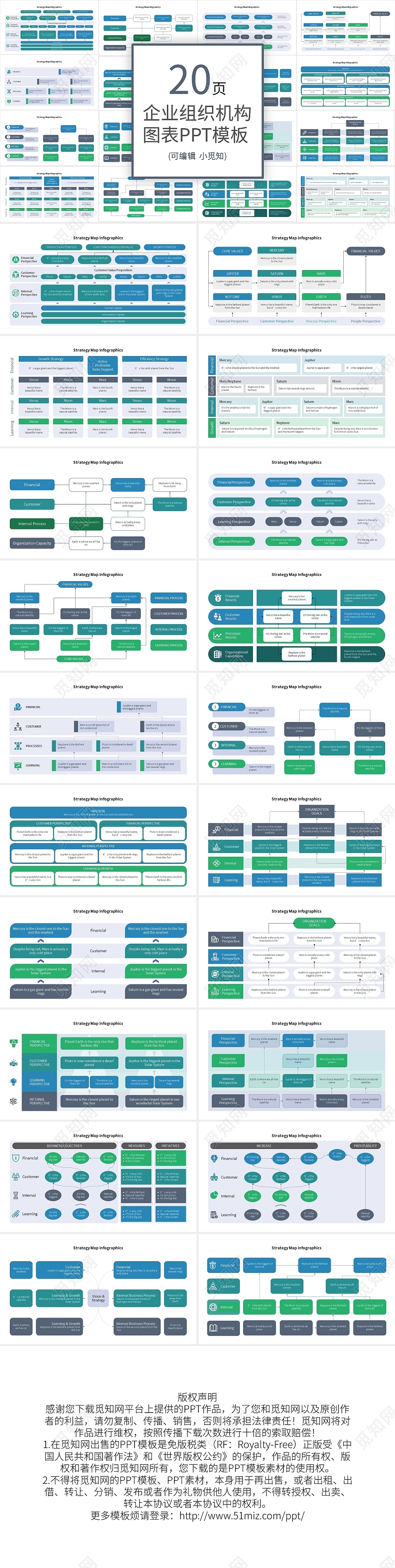 20套蓝绿色组织架构PPT图表合集PPT模板宣传PPT动态组织架构图表