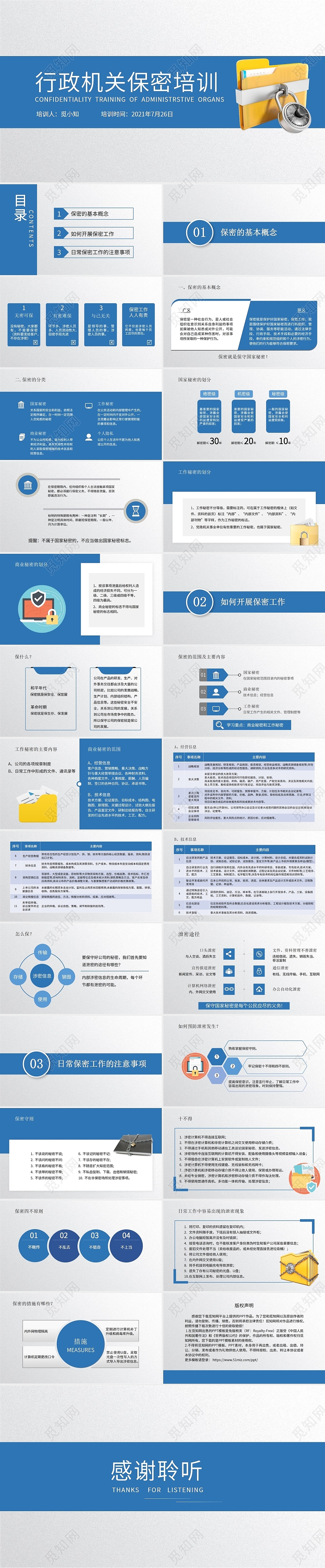 蓝色简约几何商务行政机关保密培训企业培训PPT模板