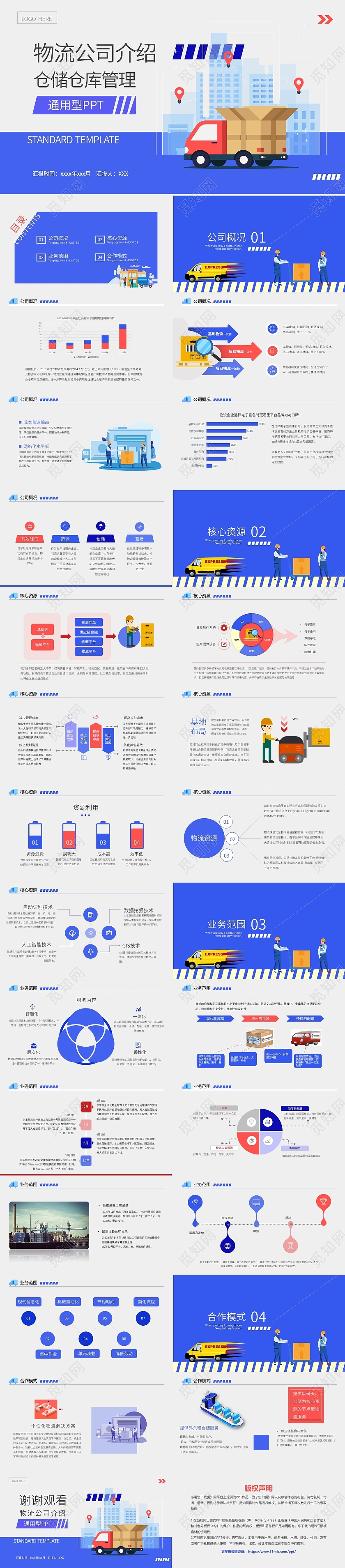 蓝色红色简约清新手绘卡通插画物流公司介绍动态PPT模板