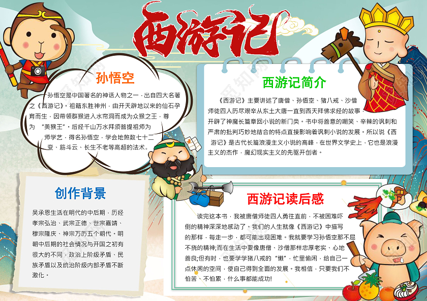 蓝色 卡通风格 西游记 卡通小报手抄报