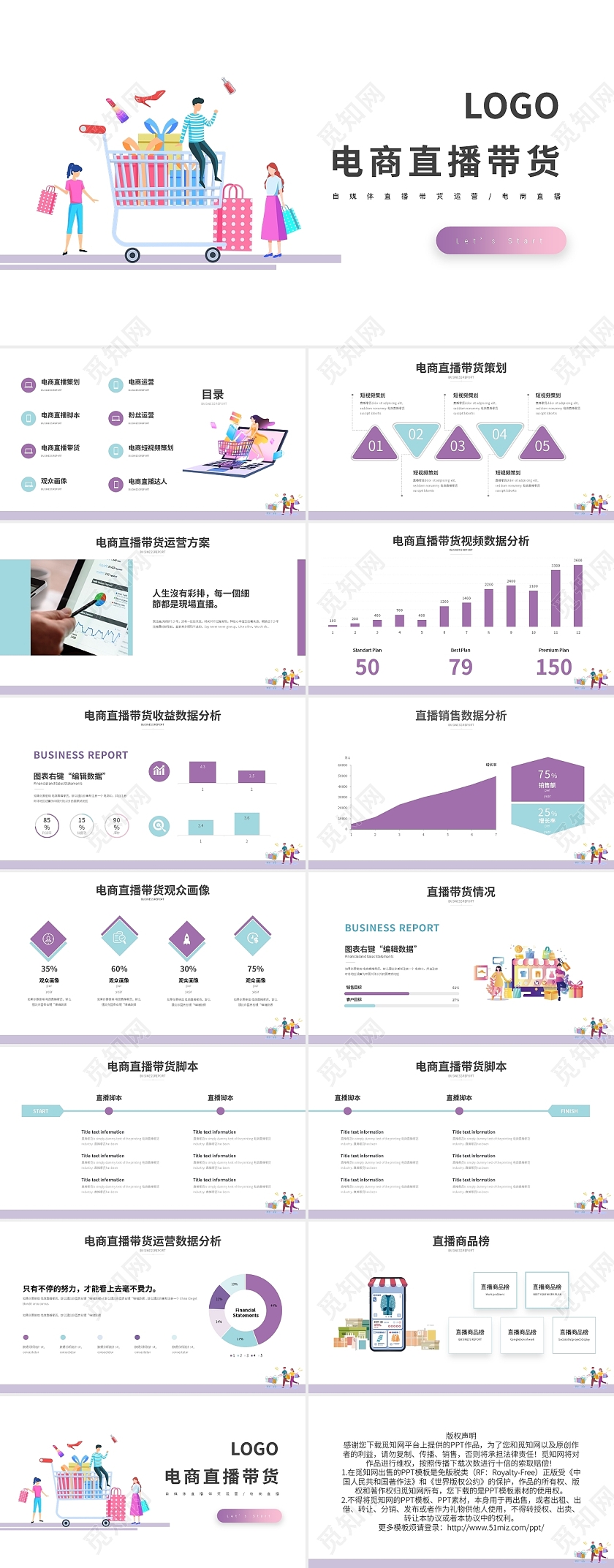 紫色插画风简约自媒体直播带货运营电商直播PPT模板宣传PPT动态PPT电商运营