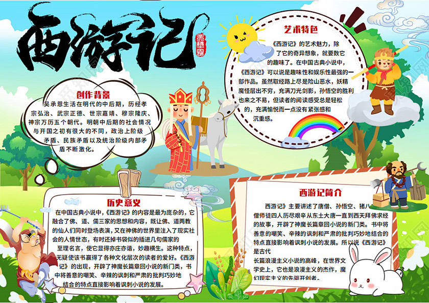 蓝色卡通西游记手抄报小学生小报手抄报