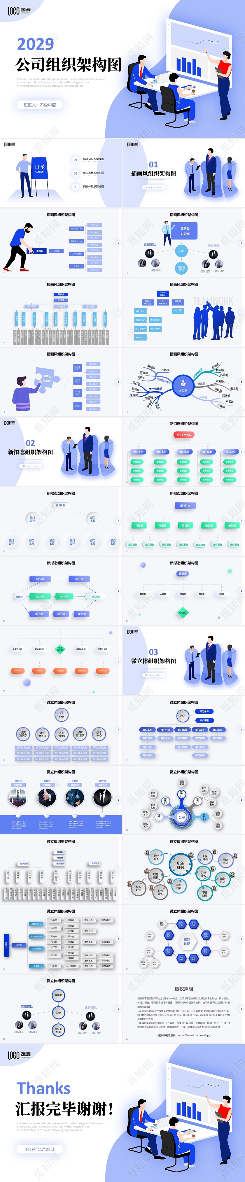 清新微立体蓝色手绘插画风特色公司组织架构图企业团队结构PPT