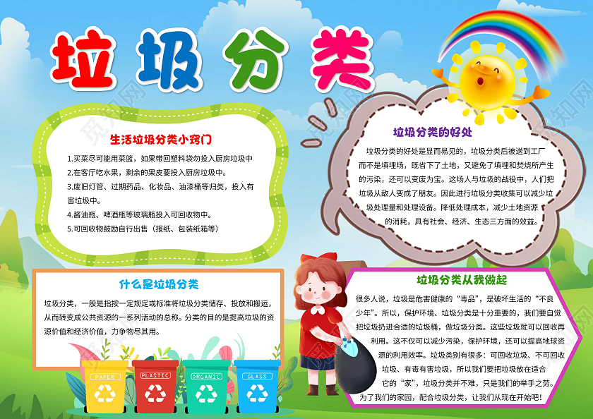 蓝色卡通垃圾分类环保手抄报卡通小报手抄报