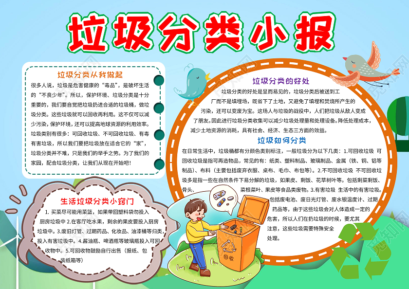 青色卡通垃圾分类小报环保手抄报卡通小报手抄报