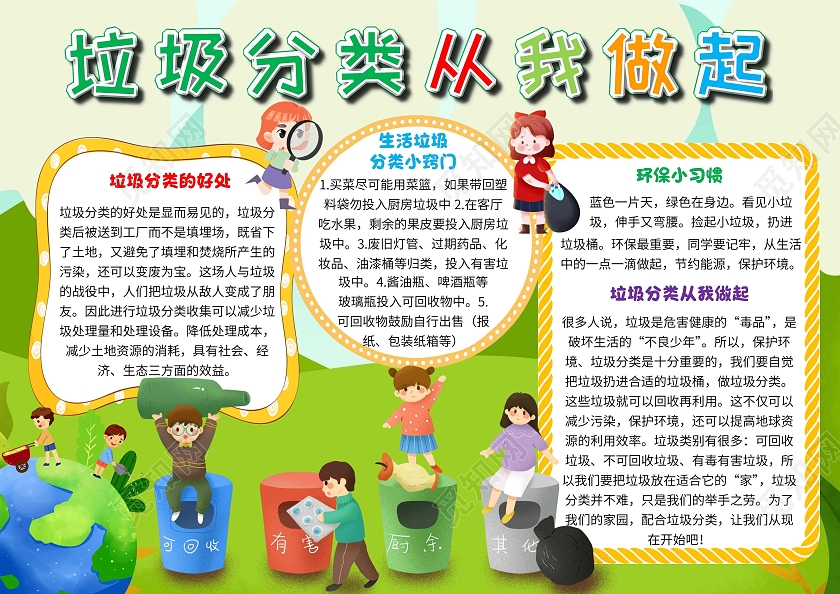绿色卡通垃圾分类从我做起垃圾分类卡通小报手抄报