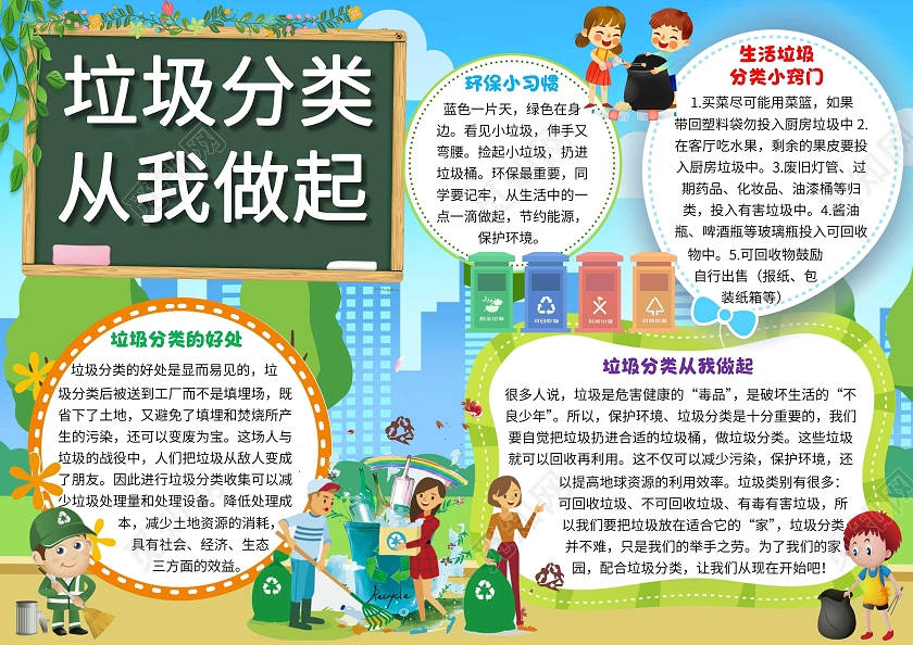 蓝色卡通垃圾分类从我做起垃圾分类卡通小报手抄报