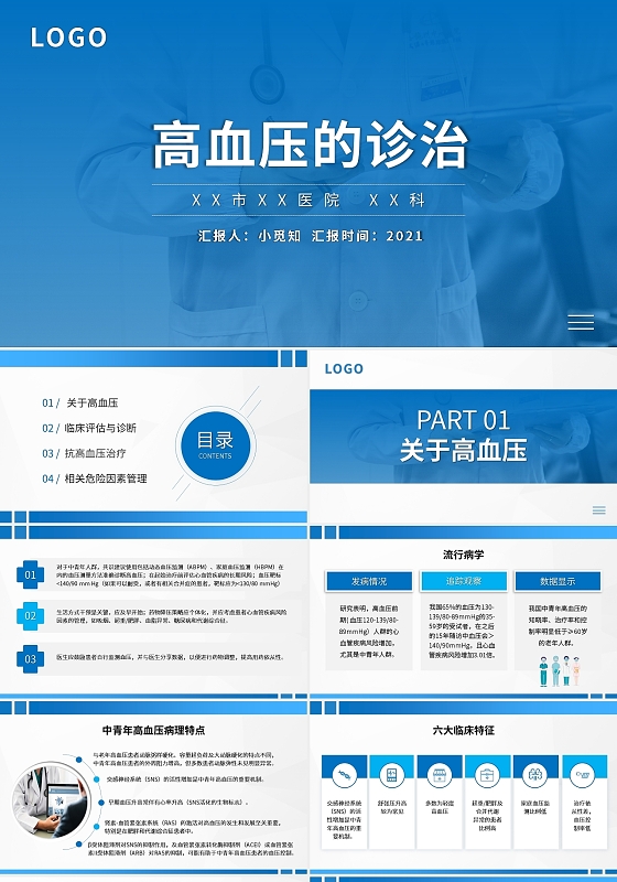 蓝色医疗高血压的诊治护理查房PPT模板宣传PPT动态PPT
