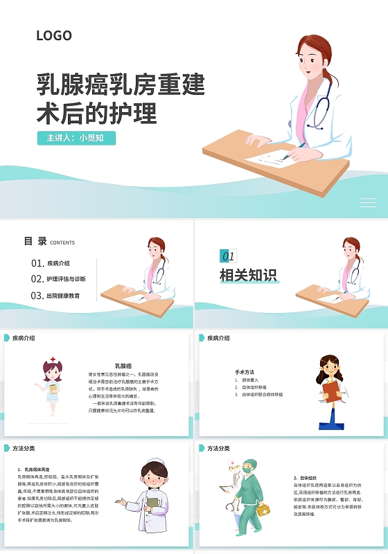 蓝色医疗乳腺癌乳房重建术后的处理PPT模板宣传PPT动态PPT乳腺癌护理查房