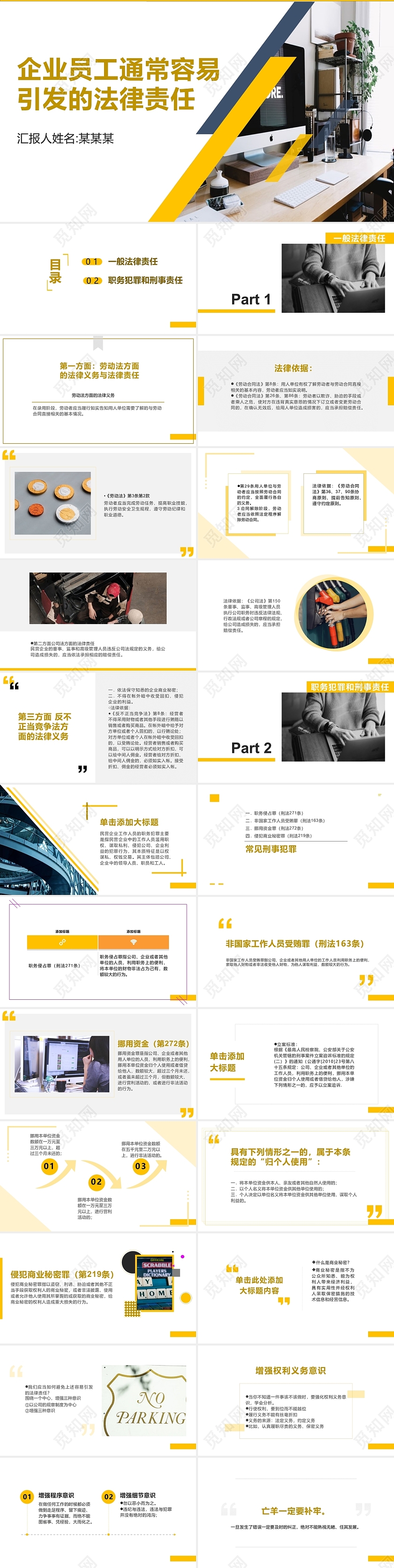 2021黄色清新简约商务企业员工法律PPT企业员工通常容易引发的法律责任