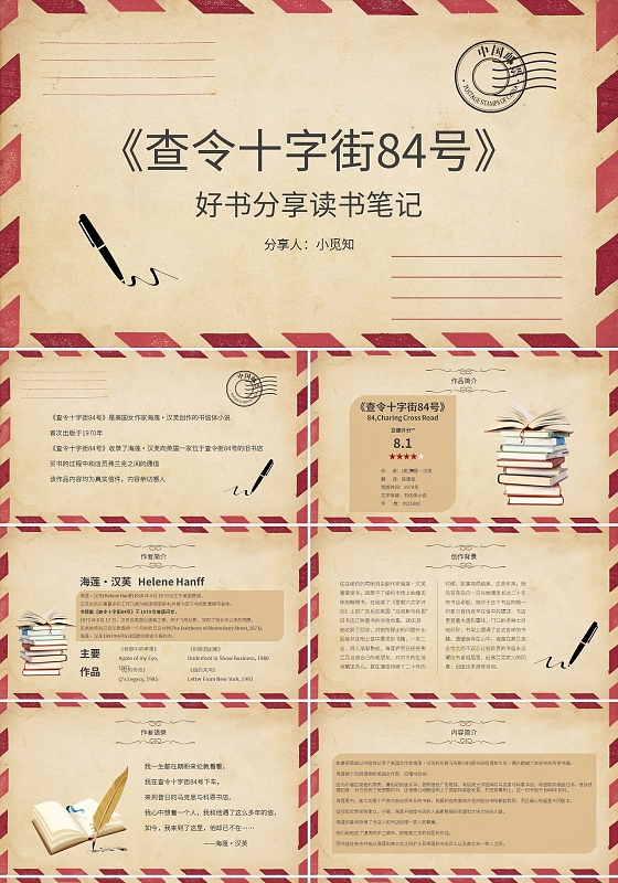 复古信封查令十字街84号好书分享读书笔记PPT模板宣传PPT动态读书分享