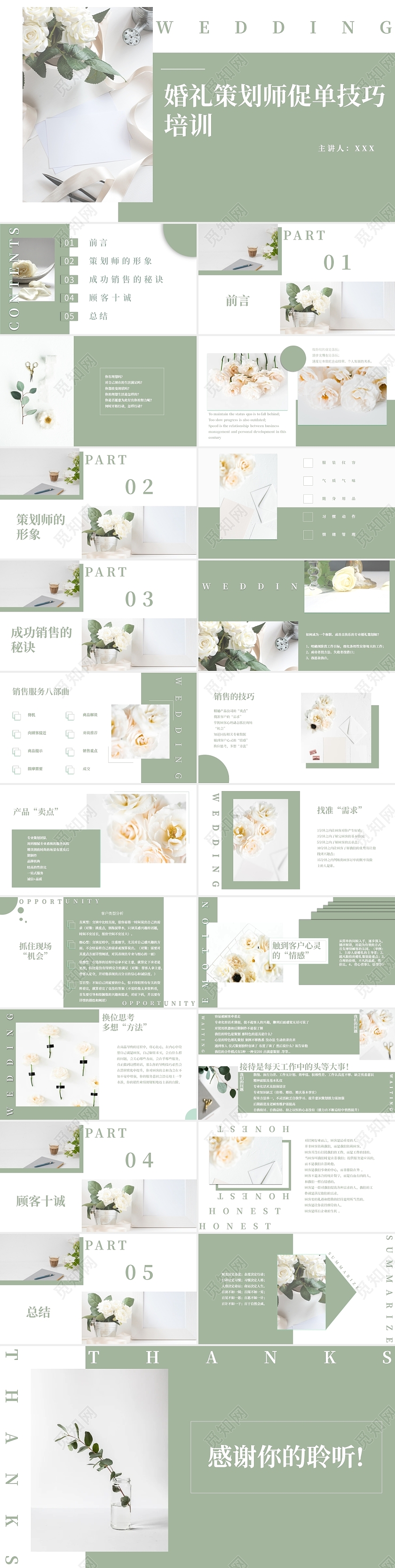 白绿色小清新杂志风婚礼策划PPT婚礼策划师促单培训1