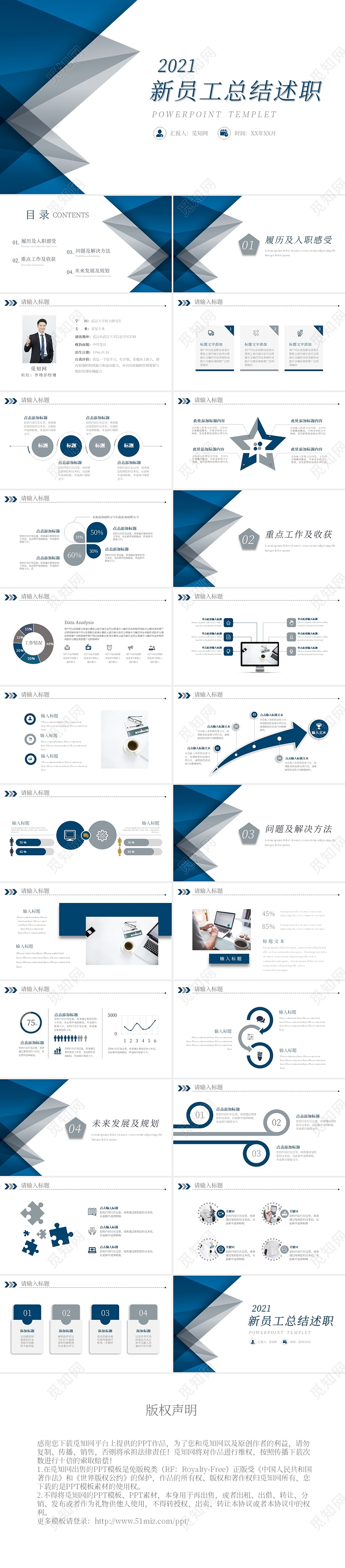商务风蓝色新员工总结述职PPT模板