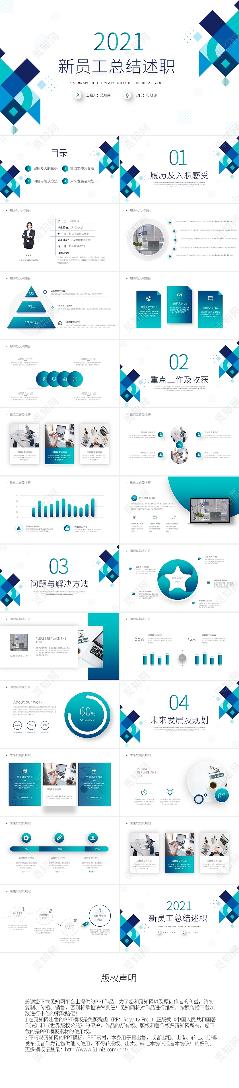 蓝色形状商务风新员工总结述职PPT模板