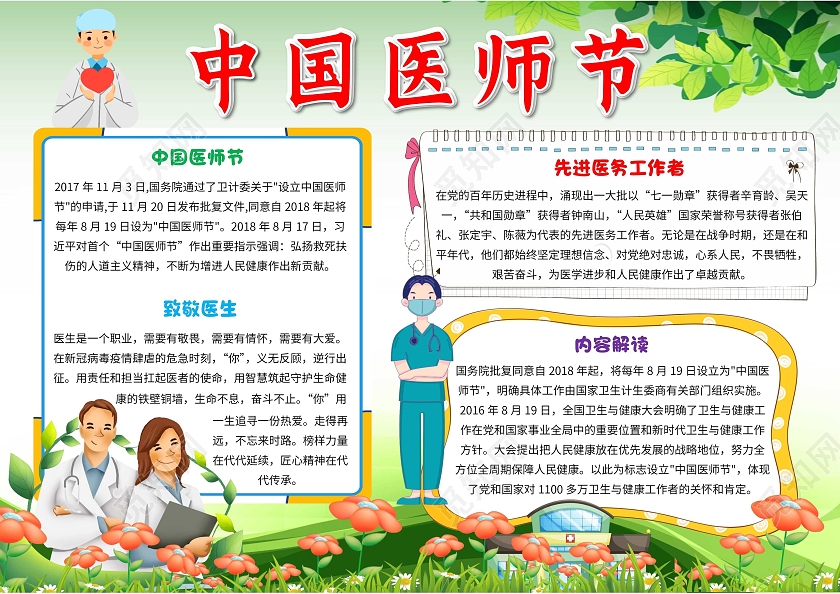 绿色卡通中国医师节卡通小报手抄报