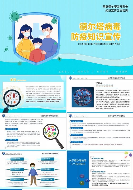 蓝色卡通德尔塔病毒防疫知识宣传PPT模板宣传PPT动态PPT德尔塔病毒疫情防控