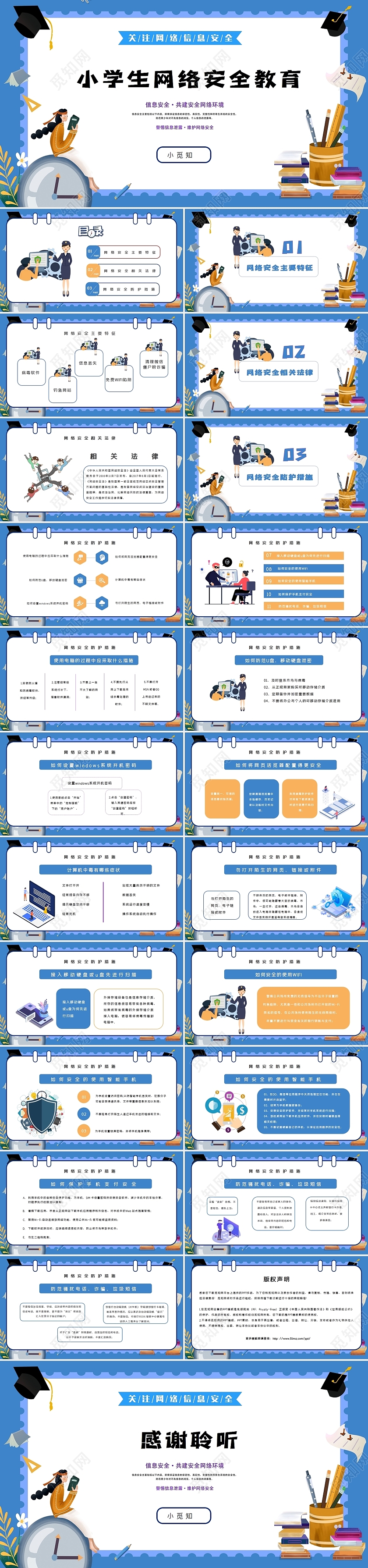 蓝色卡通校园中小学生网络安全教育知识讲座PPT模板
