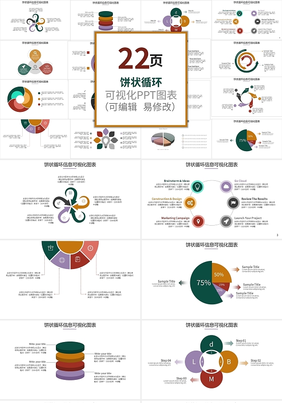 彩色饼状循环图信息可视化图表PPT模板宣传PPT动态PPT循环关系图表