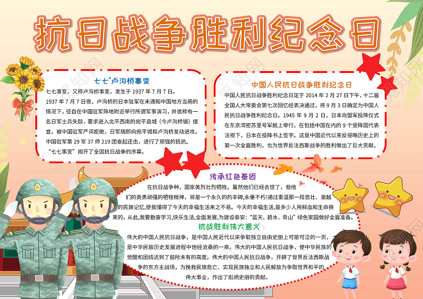 黄色卡通抗日战争胜利纪念日手抄报版面设计卡通小报手抄报