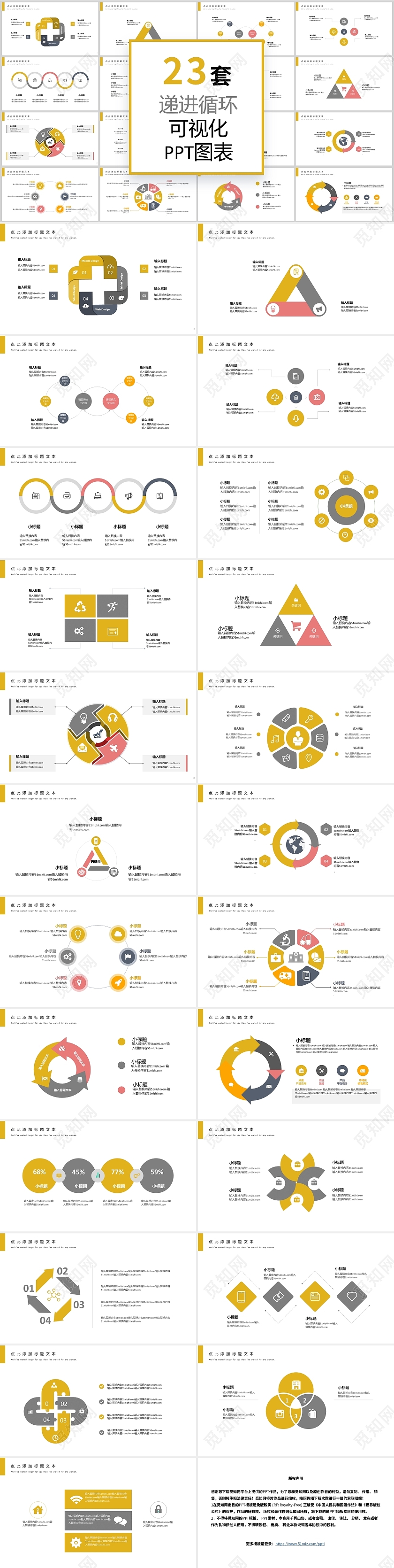 黄色23套递进循环可视化ppt图表模板循环关系图表