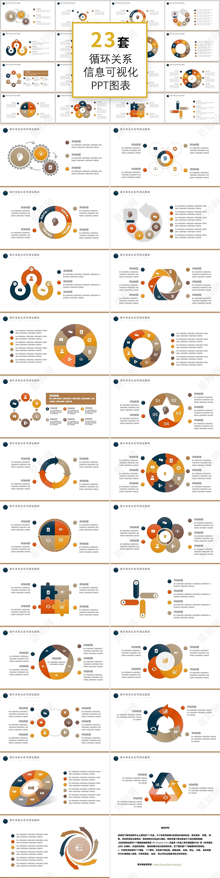 黄灰色循环关系信息可视化图表ppt模板循环关系图表