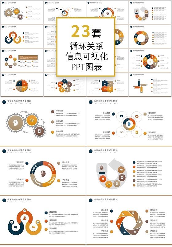 黄灰色循环关系信息可视化图表ppt模板循环关系图表