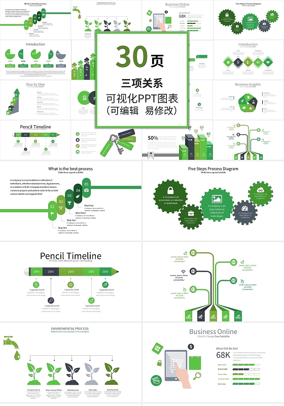 绿色五项并列关系PPT图表合集PPT模板宣传PPT动态PPT并列关系图表