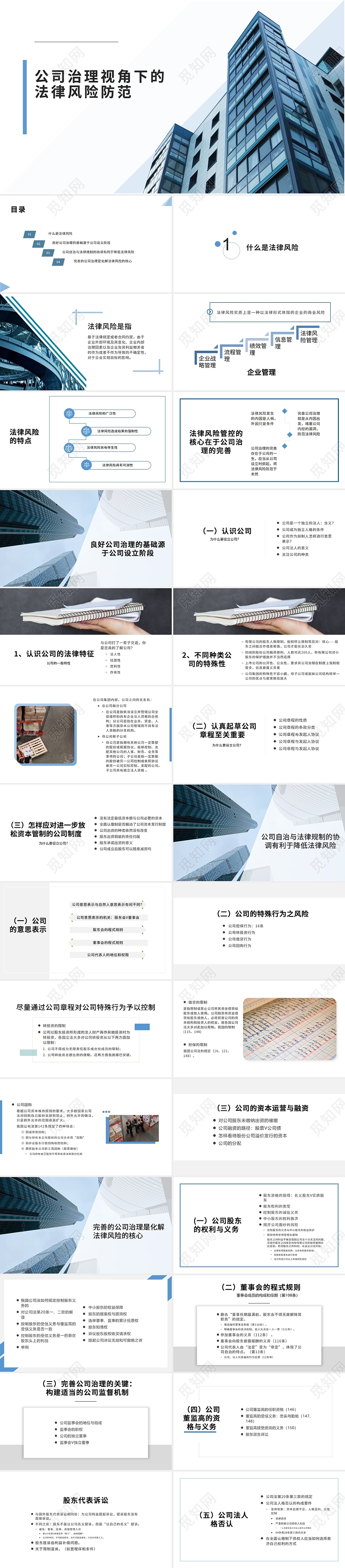 蓝色商务简约大气公司法律PPT模板公司治理视角下的法律风险防范