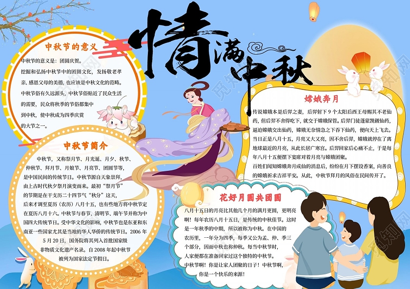 蓝色卡通情满中秋中秋节小报手抄报节日小报手抄报