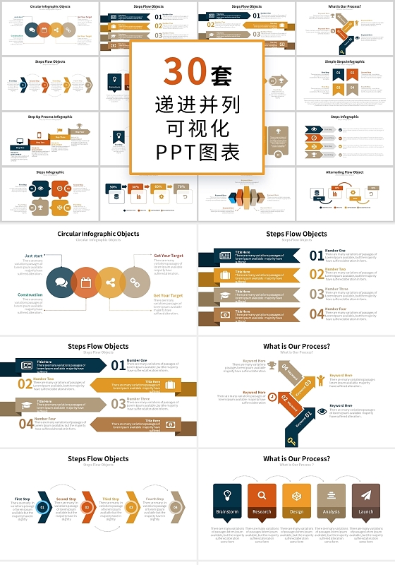 多彩商务并列递进可视化PPT图表合集模板