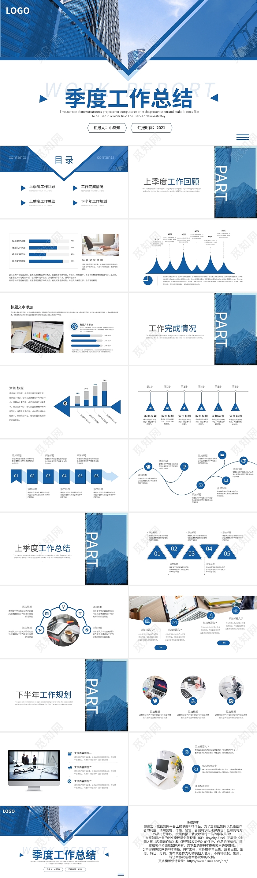 蓝色简约季度工作总结PPT模板宣传PPT动态PPT