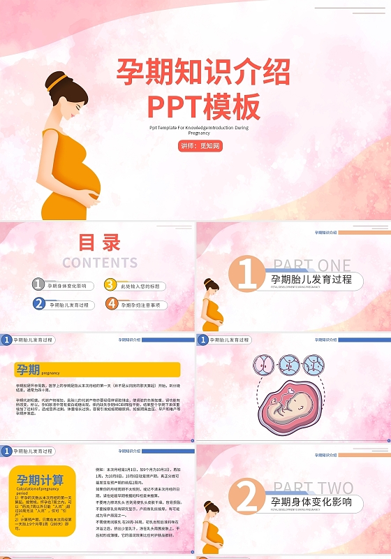 粉色清新孕妇知识介绍2021PPT模板孕期知识