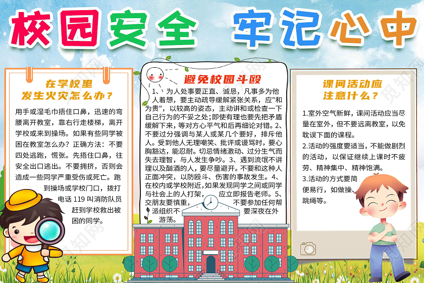 蓝色卡通校园安全牢记心中校园安全教育防踩踏文明小报手抄报
