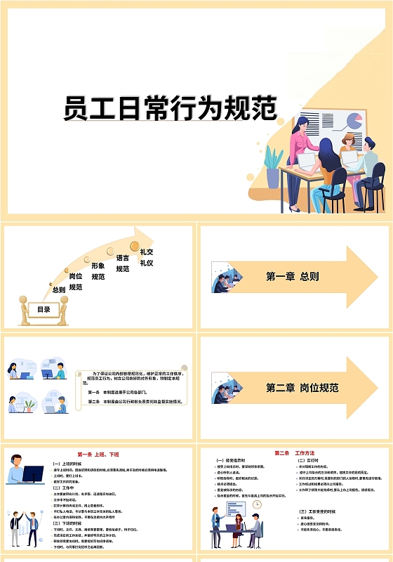 浅黄简约商务员工日常行为规范团队管理PPT模板