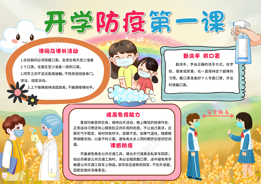 黄色卡通开学防疫第一课小报手抄报卡通小报手抄报