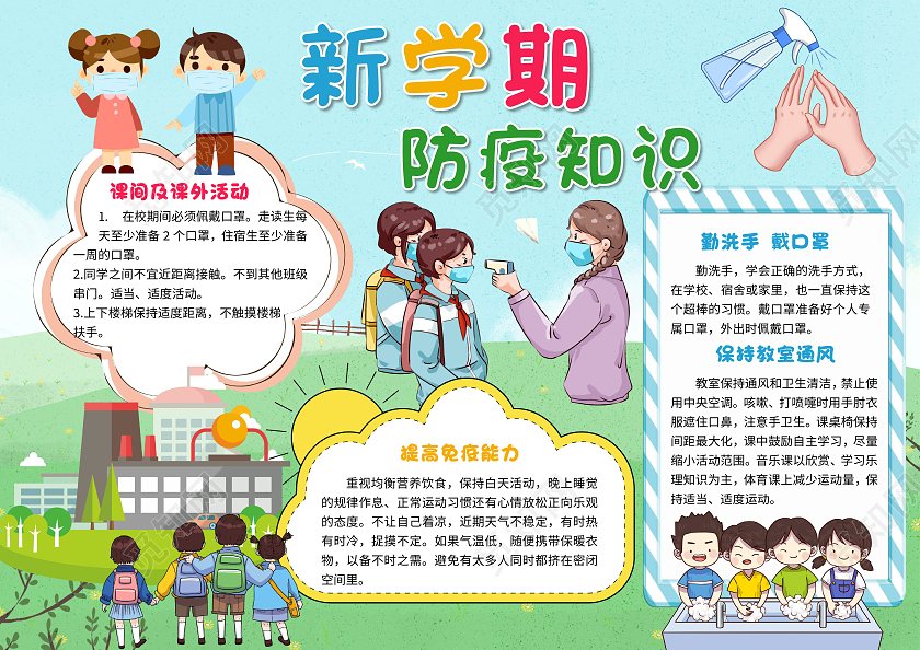 蓝色新学期防疫知识开学防疫第一课小报手抄报卡通小报手抄报
