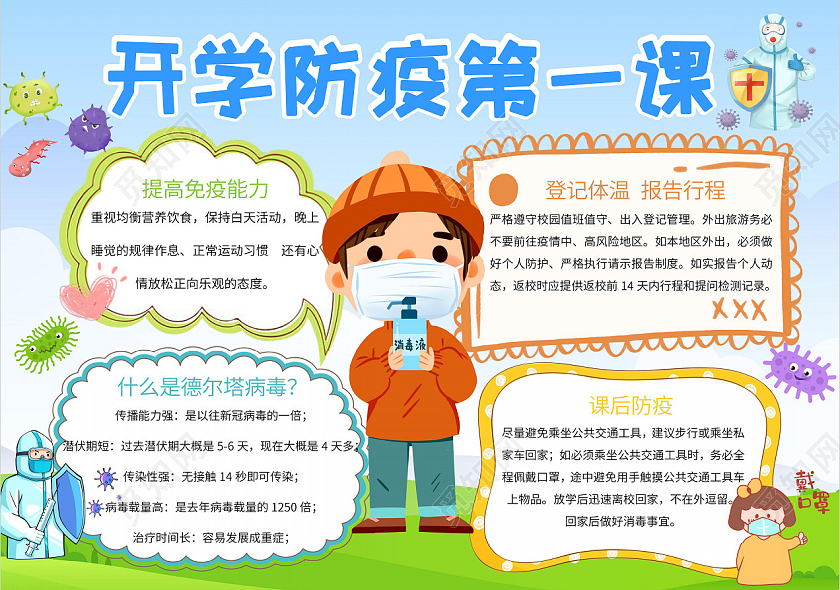 蓝色卡通开学防疫第一课开学防疫第一课小报手抄报卡通小报手抄报