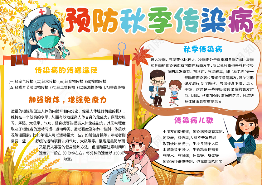 黄色  卡通 预防秋季传染病 秋季传染病 卡通小报手抄报