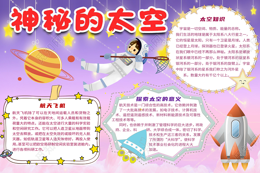 紫色卡通神秘的太空天文知识行星科学科普知识科技小报手抄报天文知识行星科学科普知识卡通科学科技