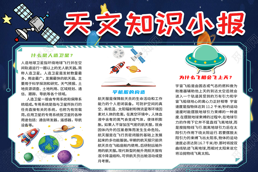 深蓝色卡通天文知识行星科学科普知识科学科技小报手抄报天文知识行星科学科普知识卡通科学科技